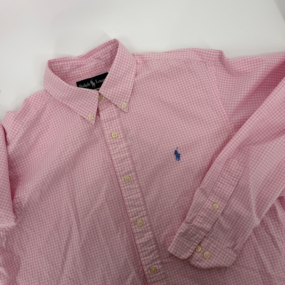 Ralph Lauren Classic Fit Gingham Shirt Mens 16 34/35 Pink White Cotton Button